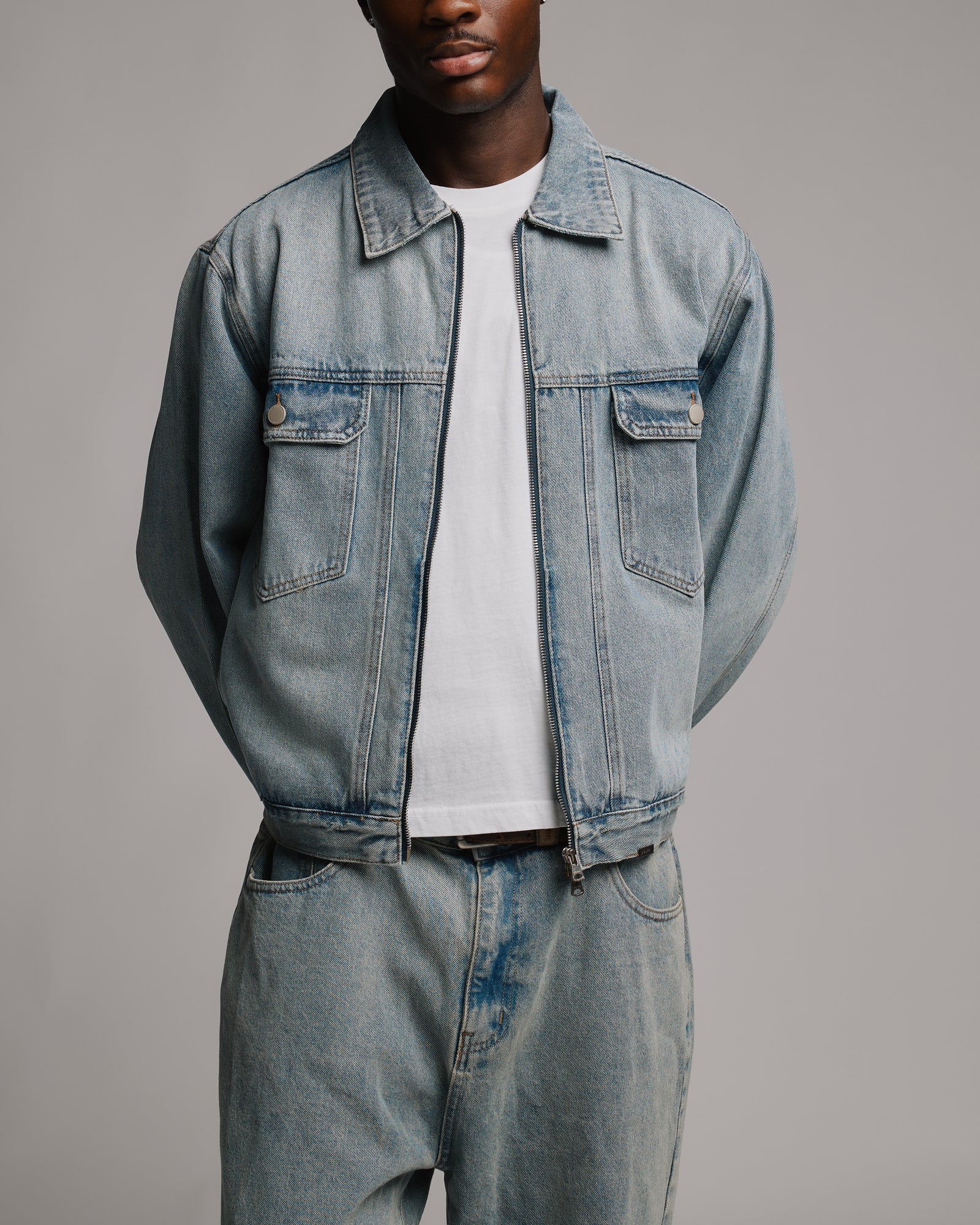 Denim Zip Jacket - Washed Blue – Hours
