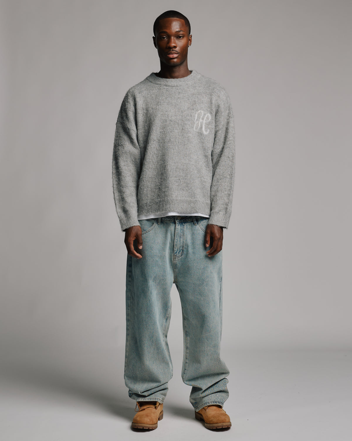 Rhinestone Baggy Denim - Washed Blue