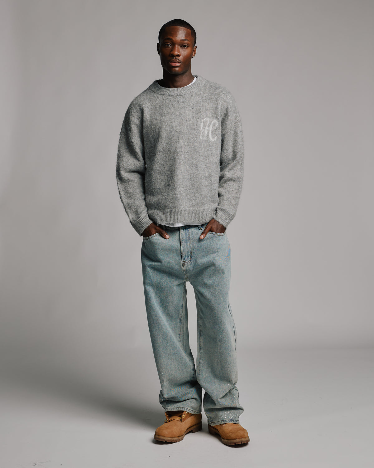 Rhinestone Baggy Denim - Washed Blue