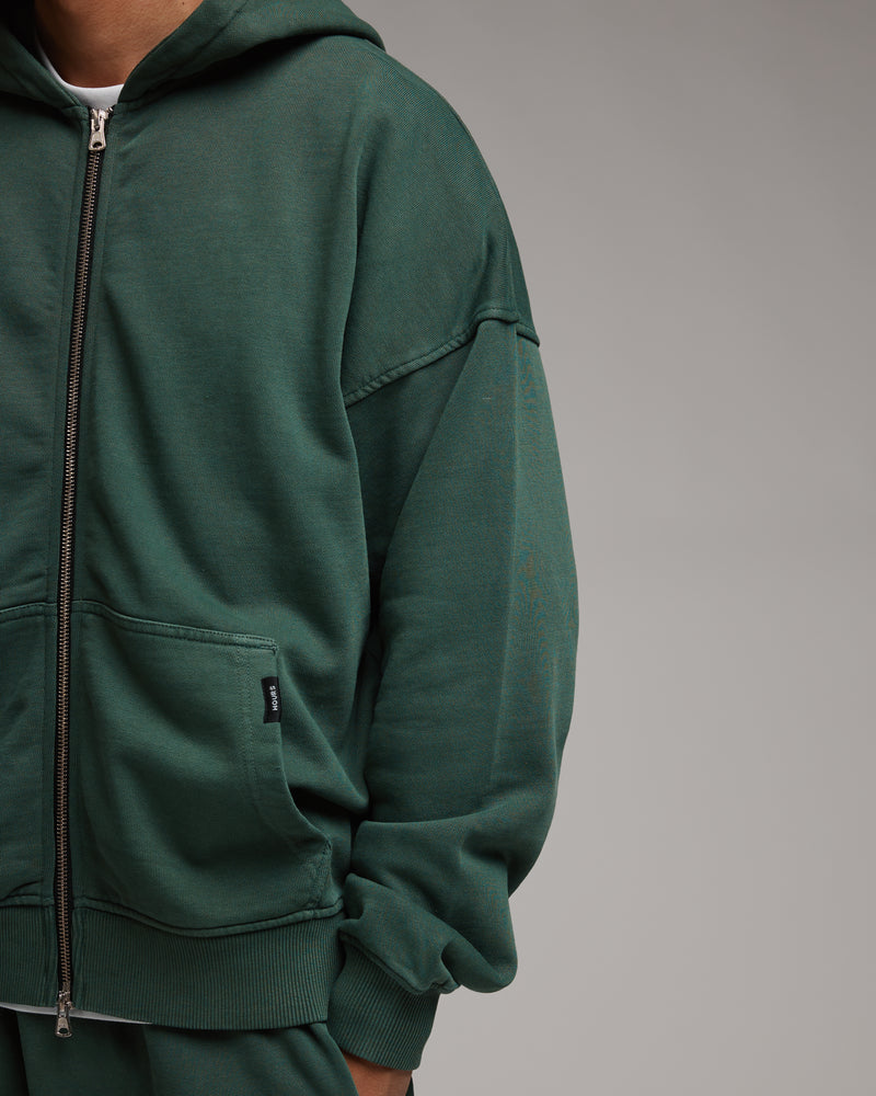 Drop Shoulder Zip Hoodie - Vintage Green