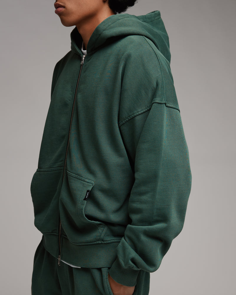 Drop Shoulder Zip Hoodie - Vintage Green