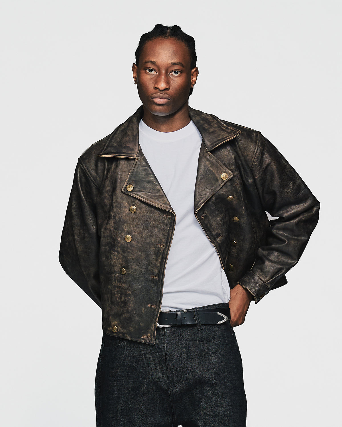 Double Breasted Leather Jacket - Vintage Black