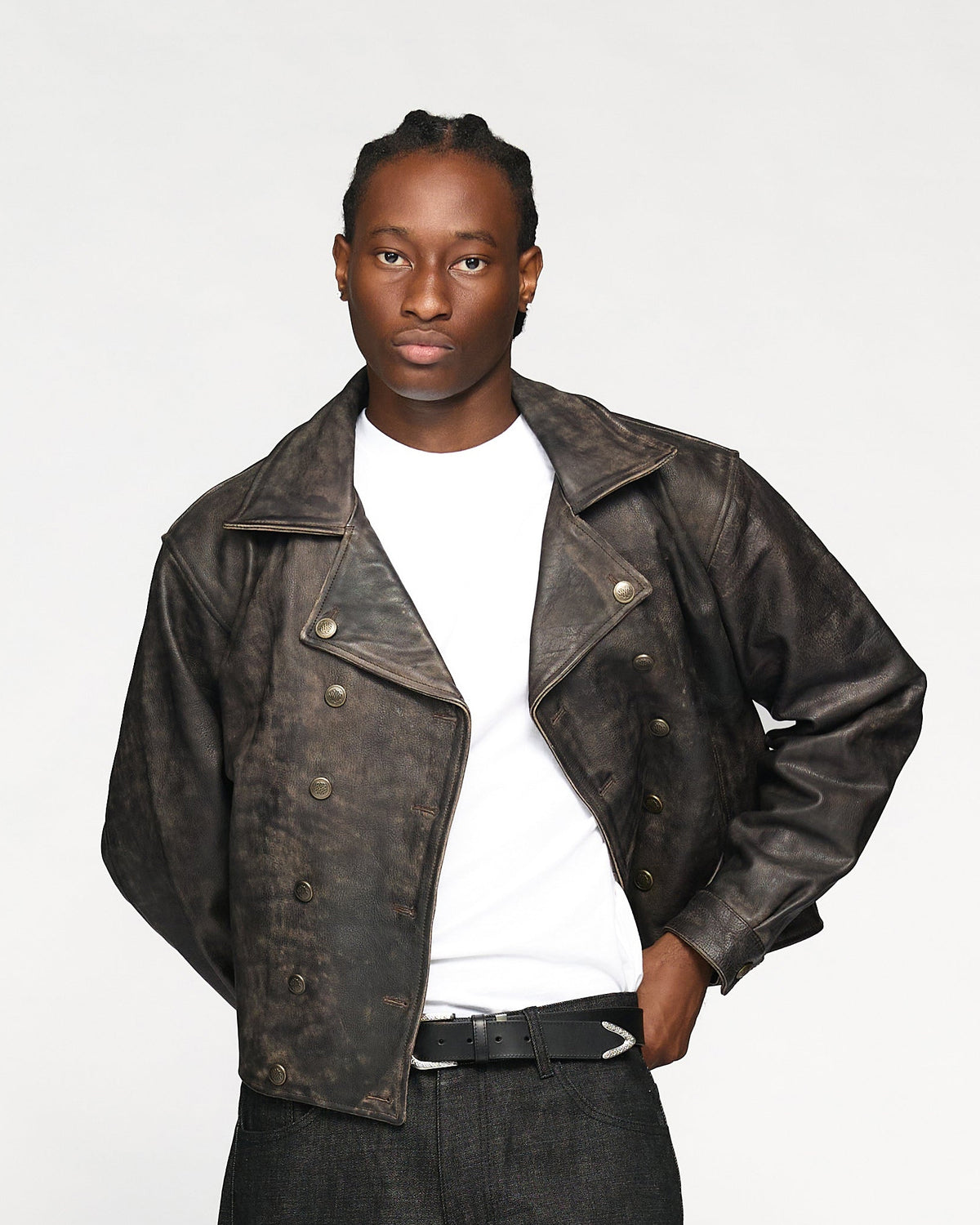 Double Breasted Leather Jacket - Vintage Black