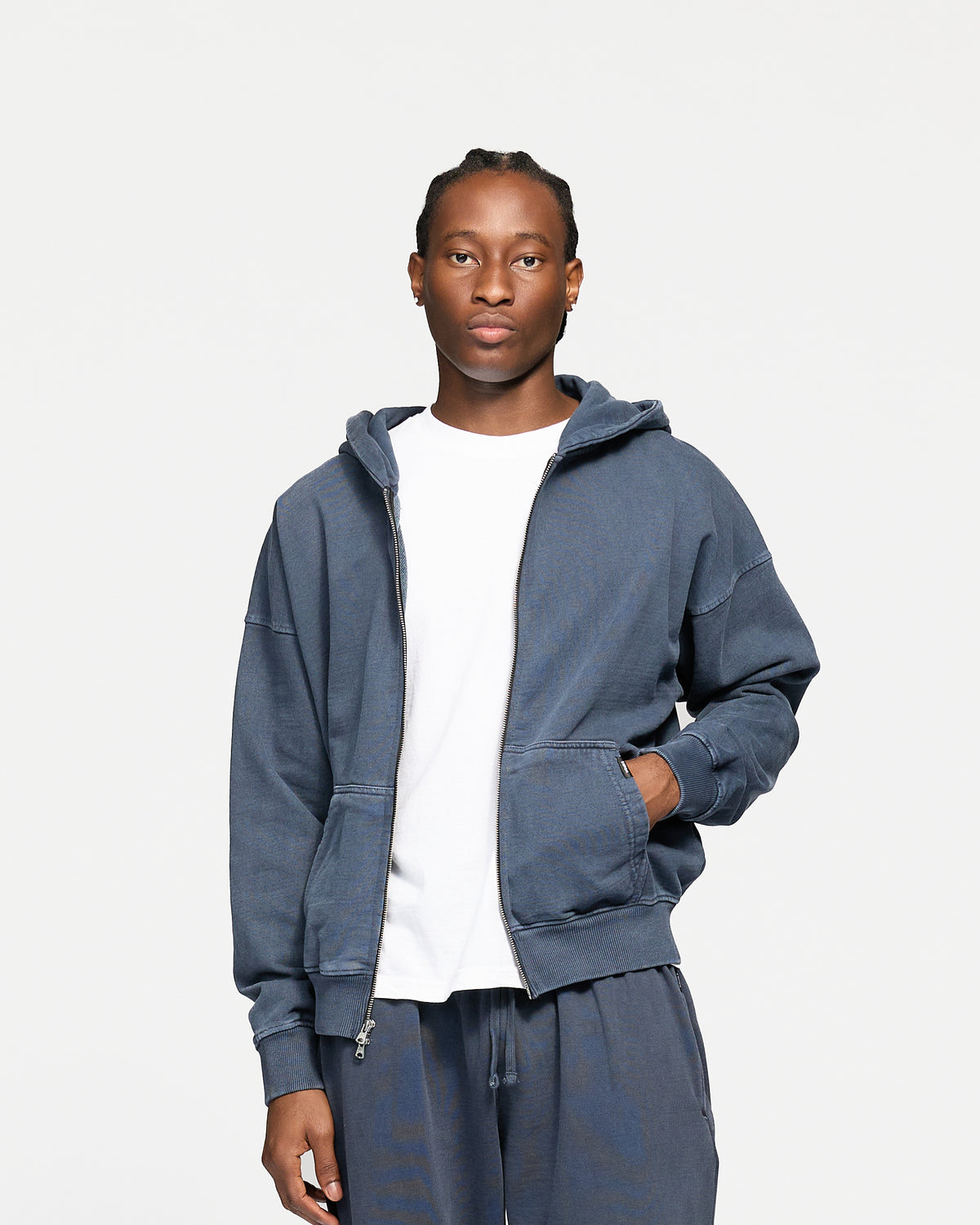 Drop Shoulder Zip Hoodie - Vintage Navy
