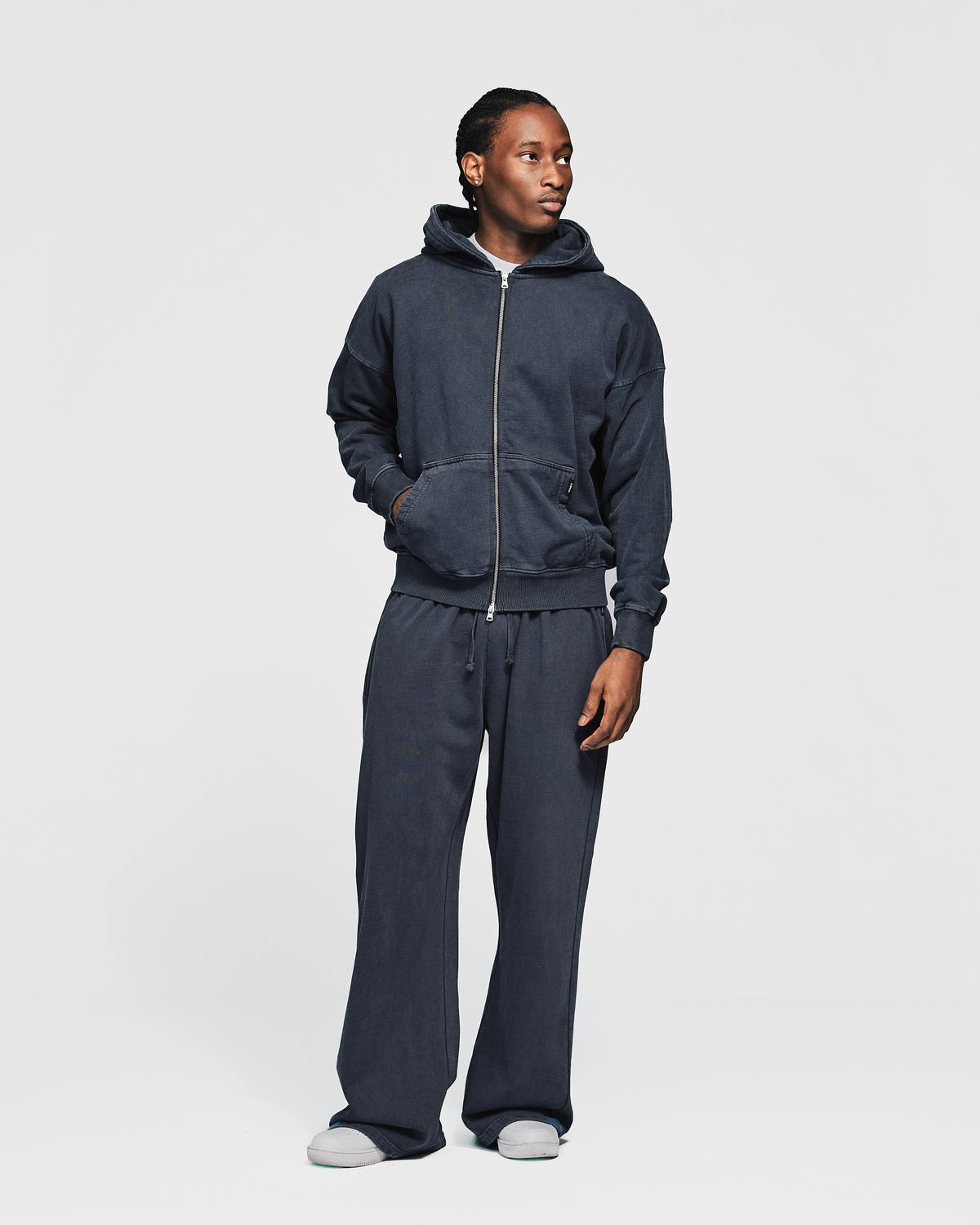 Drop Shoulder Zip Hoodie - Vintage Navy