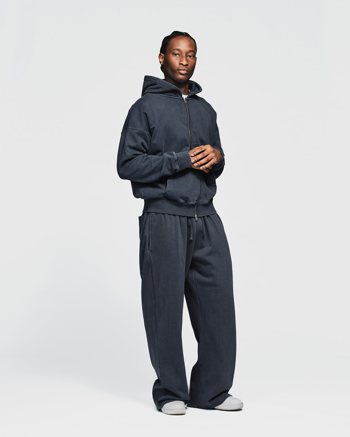 Drop Shoulder Zip Hoodie - Vintage Navy