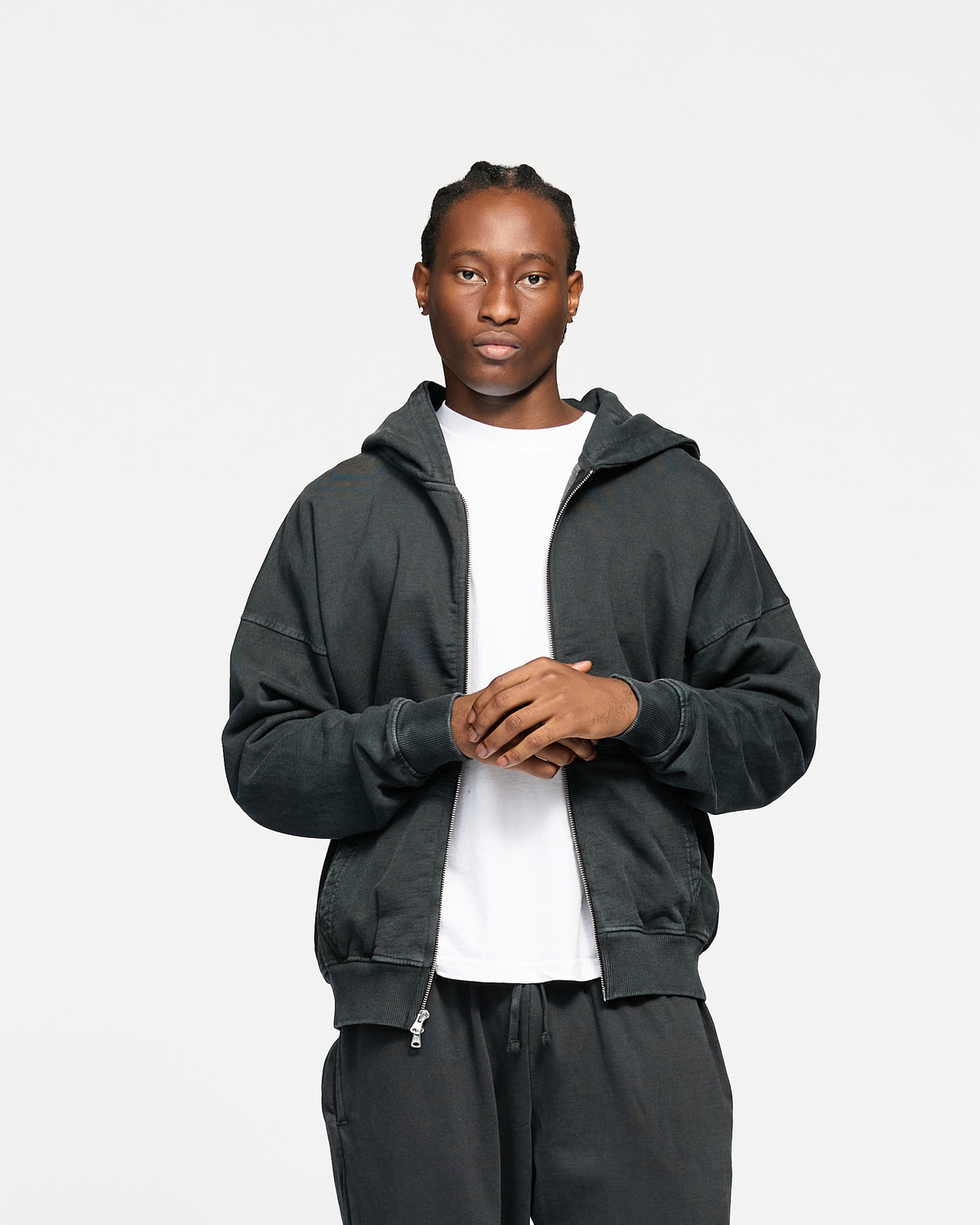 Drop Shoulder Zip Hoodie - Vintage Black