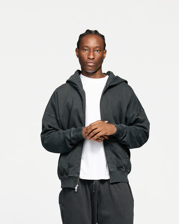 Drop Shoulder Zip Hoodie - Vintage Black