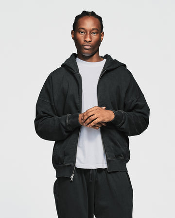 Drop Shoulder Zip Hoodie - Vintage Black