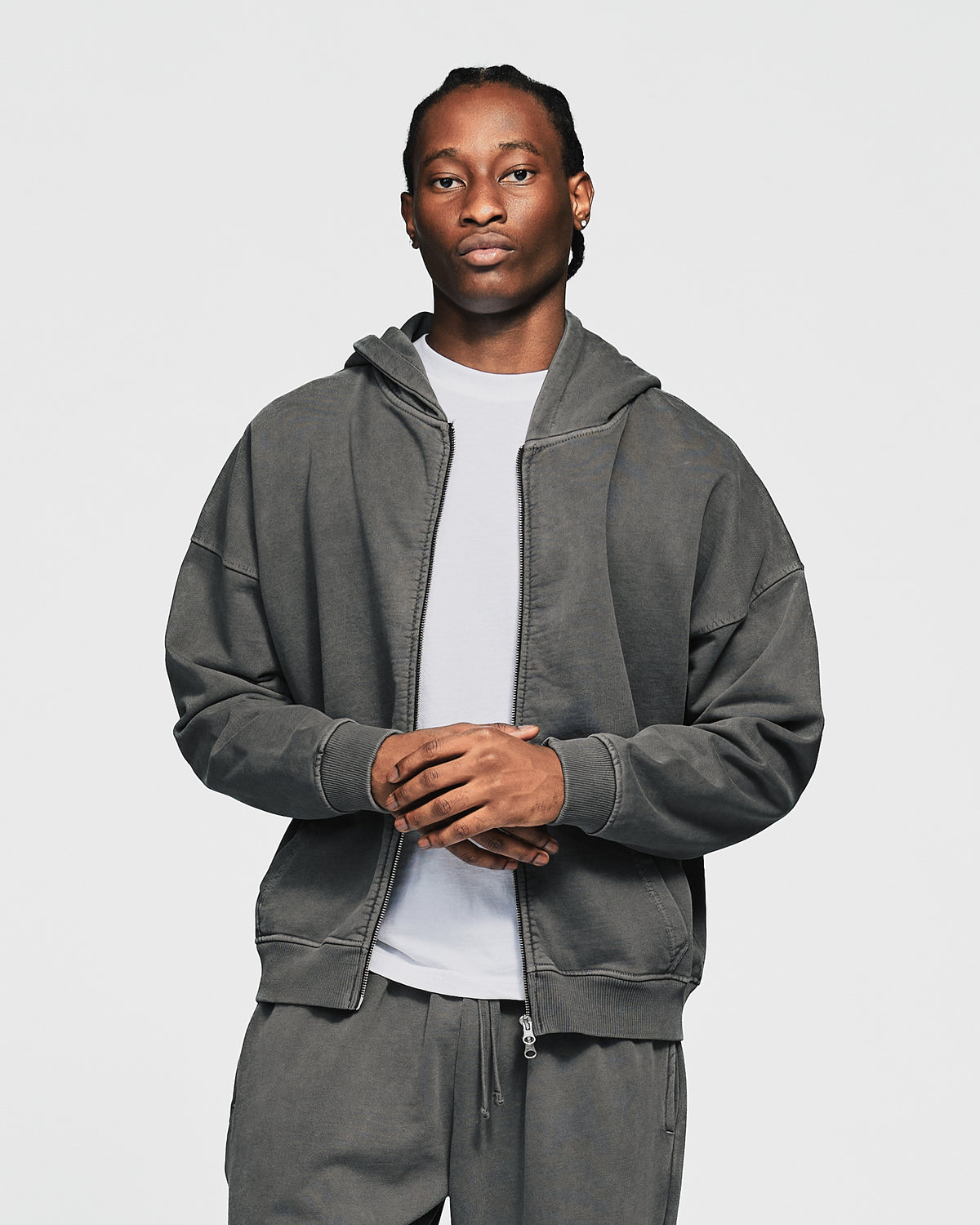 Drop Shoulder Zip Hoodie - Vintage Grey