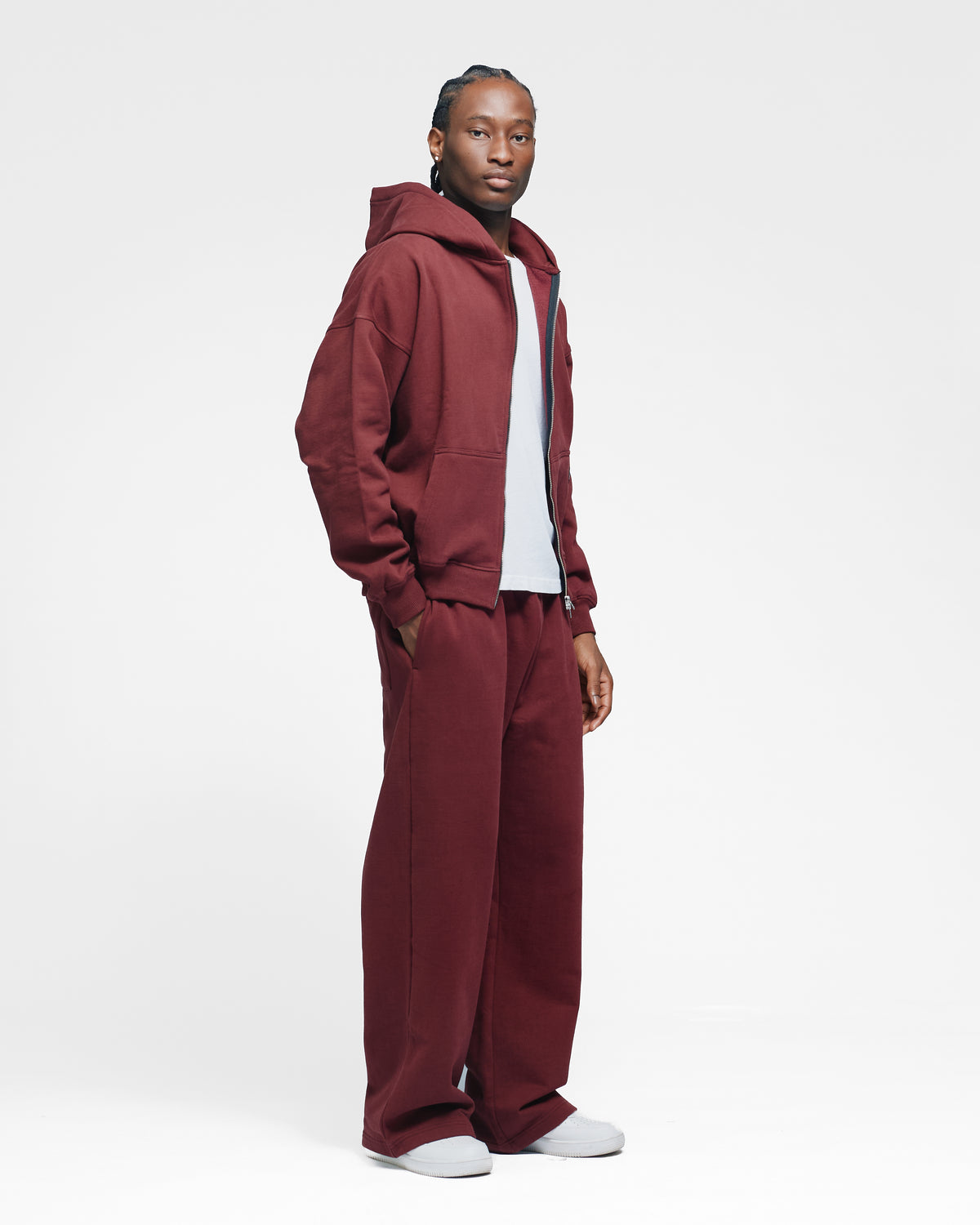 Drop Shoulder Zip Hoodie - Burgundy