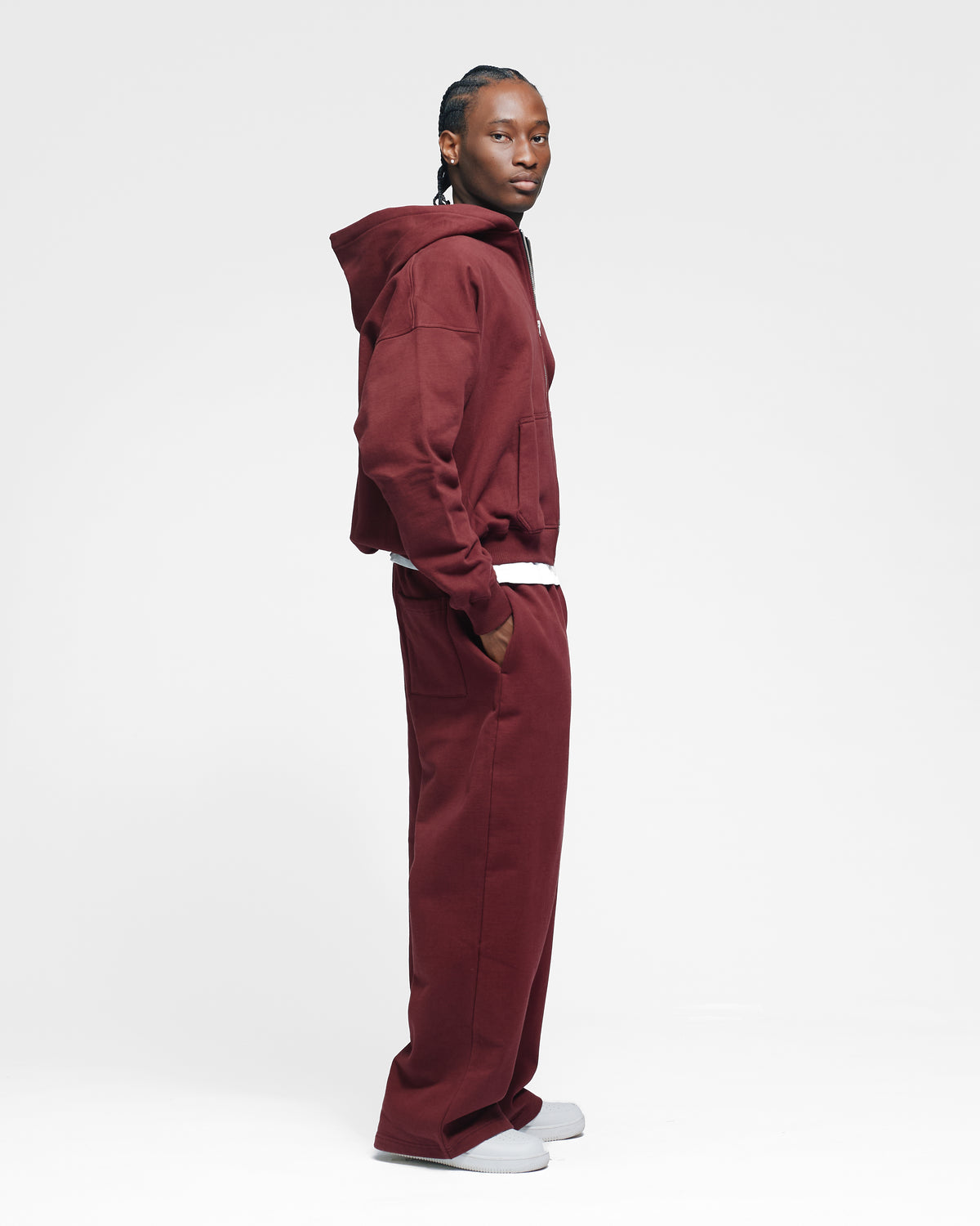 Drop Shoulder Zip Hoodie - Burgundy