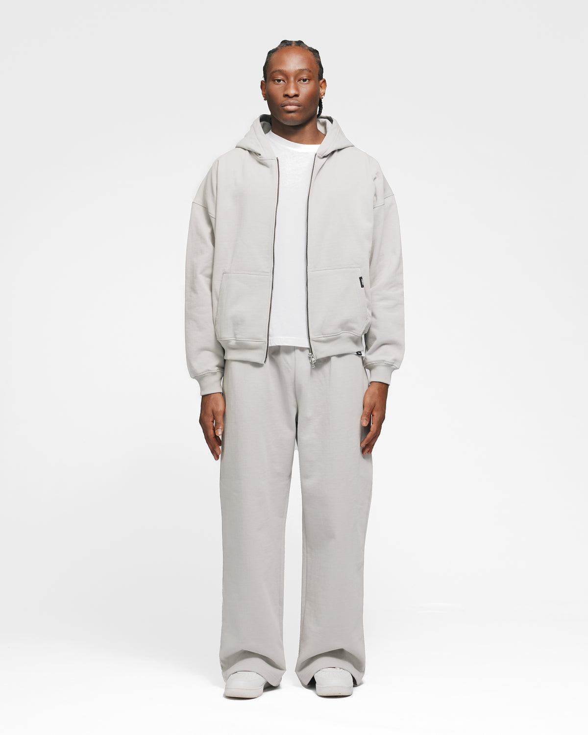 Drop Shoulder Zip Hoodie - Light Grey
