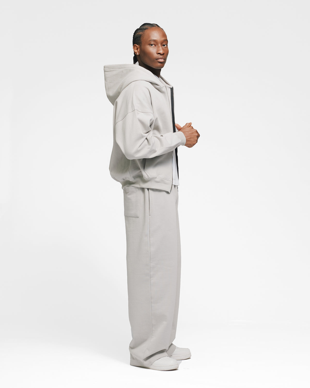 Drop Shoulder Zip Hoodie - Light Grey