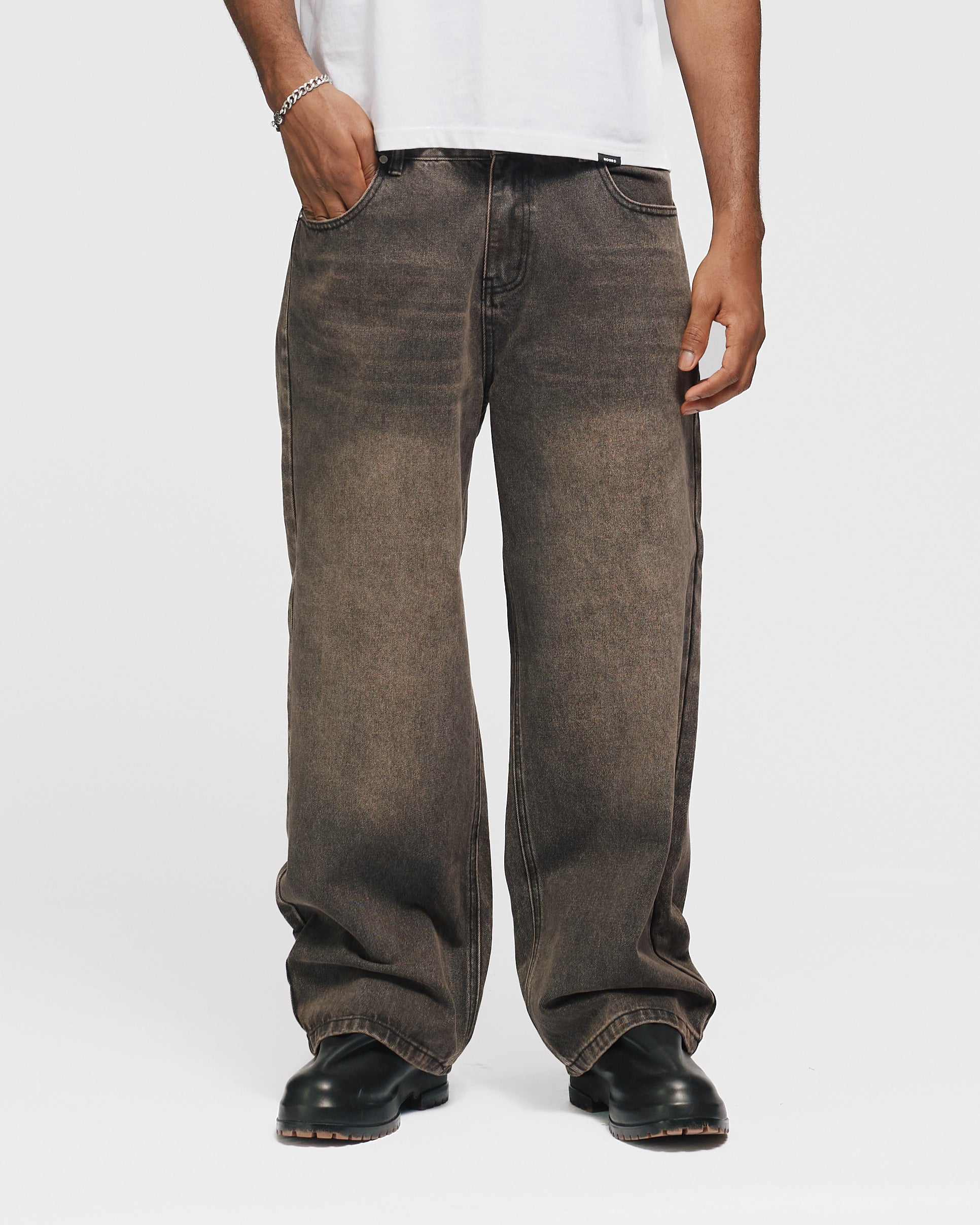 Baggy Denim Pants - Washed Brown