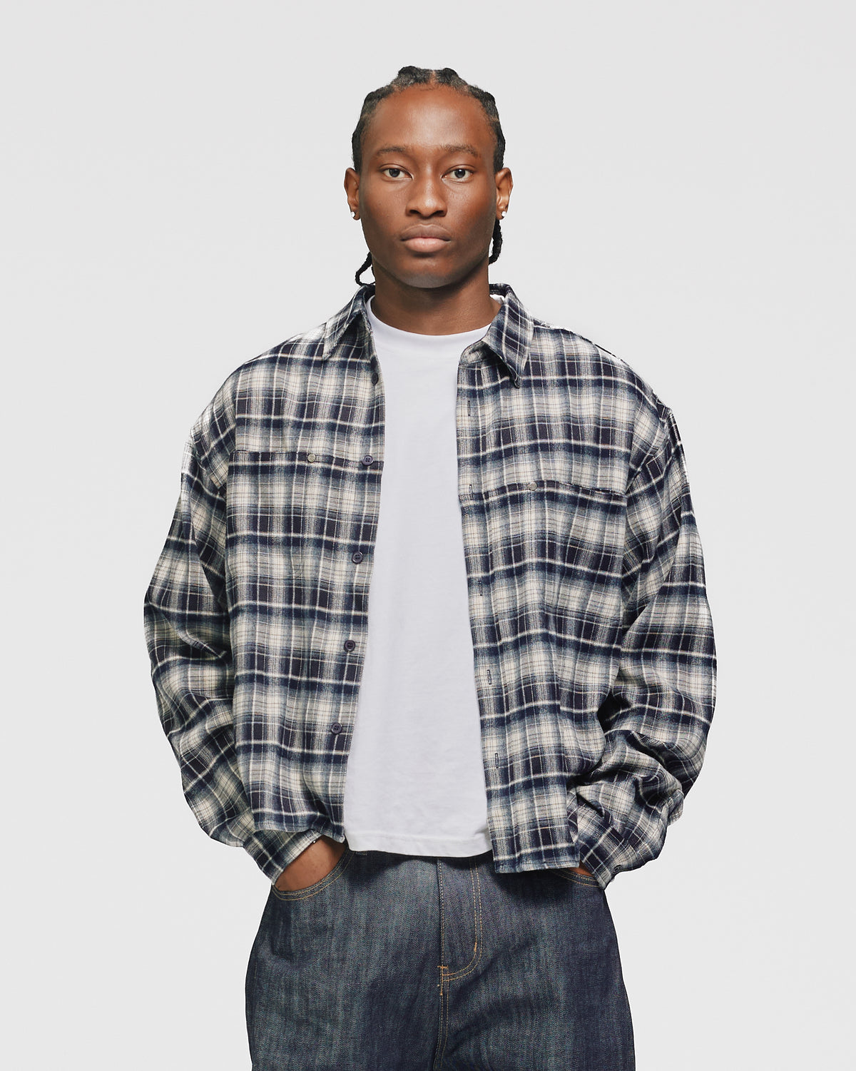 Cropped Flannel - Navy