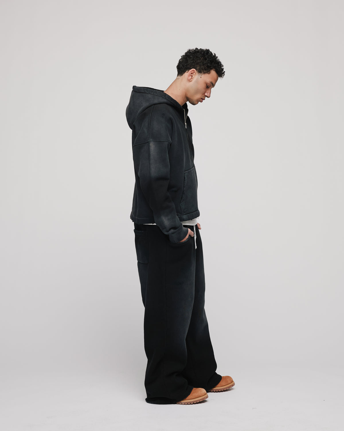Cropped Weave Zip Hoodie - Sunfaded Black