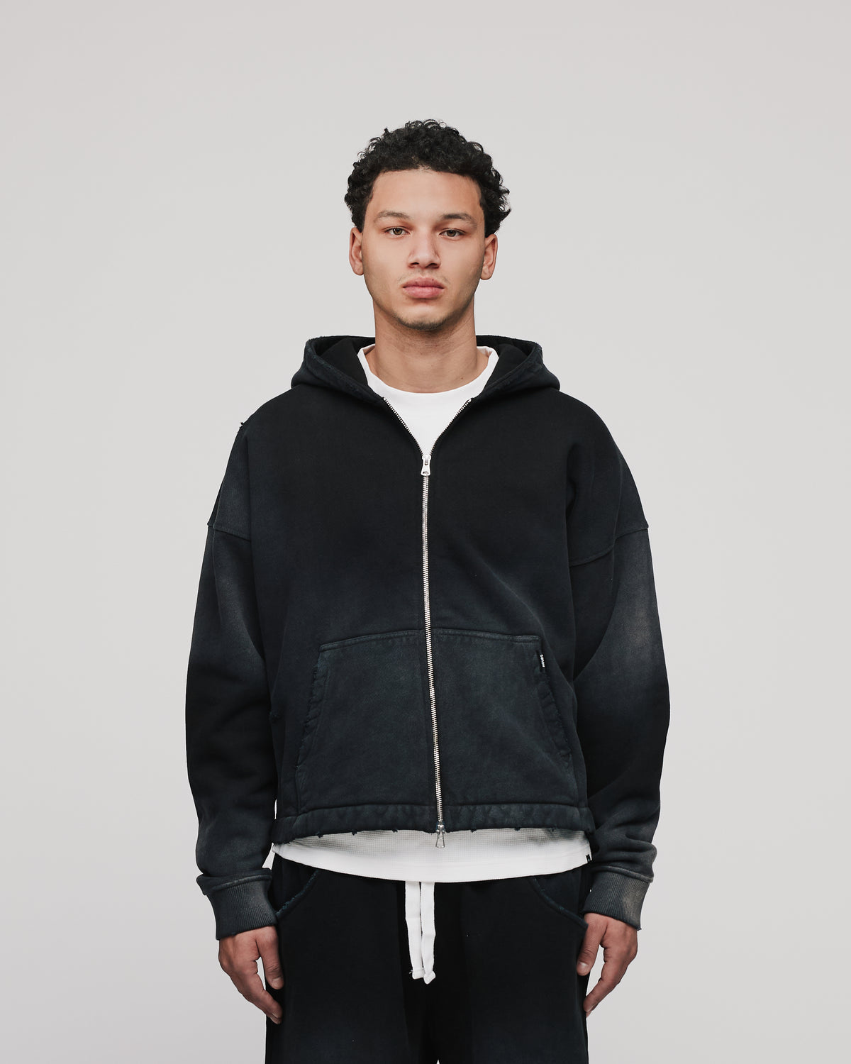 Cropped Zip Hoodie - Sunfaded Black