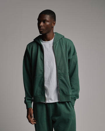 Drop Shoulder Zip Hoodie - Vintage Green