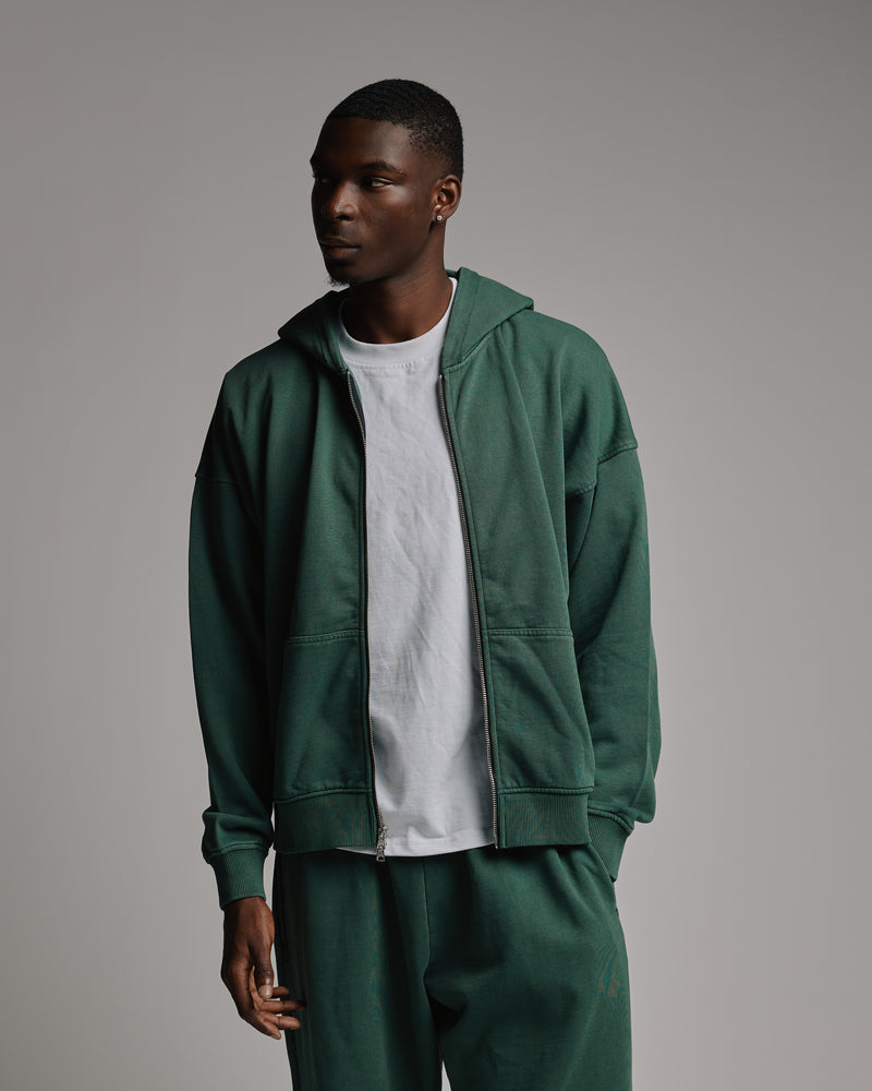 Drop Shoulder Zip Hoodie - Vintage Green