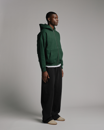 Drop Shoulder Zip Hoodie - Forest Green