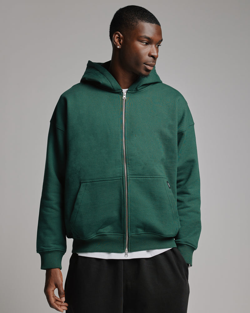 Drop Shoulder Zip Hoodie - Forest Green