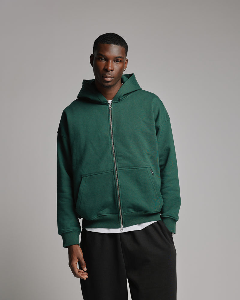 Drop Shoulder Zip Hoodie - Forest Green