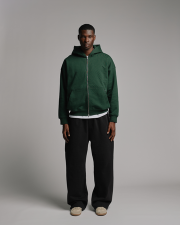 Drop Shoulder Zip Hoodie - Forest Green