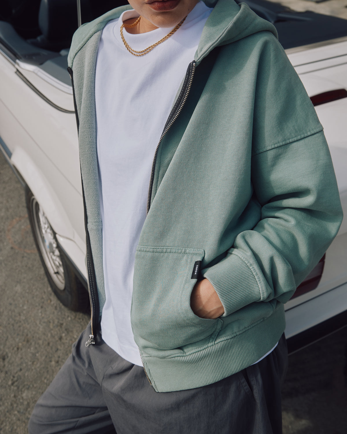 Drop Shoulder Zip Hoodie - Vintage Sage