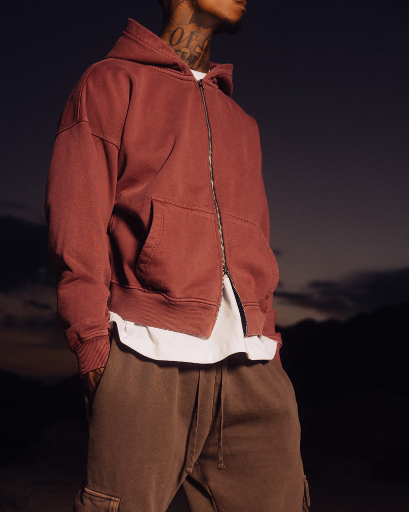 Drop Shoulder Zip Hoodie - Vintage Burgundy