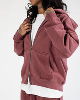 Drop Shoulder Zip Hoodie - Vintage Burgundy