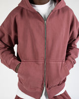 Drop Shoulder Zip Hoodie - Vintage Burgundy