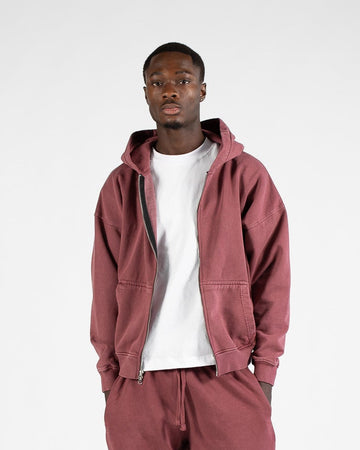 Drop Shoulder Zip Hoodie - Vintage Burgundy