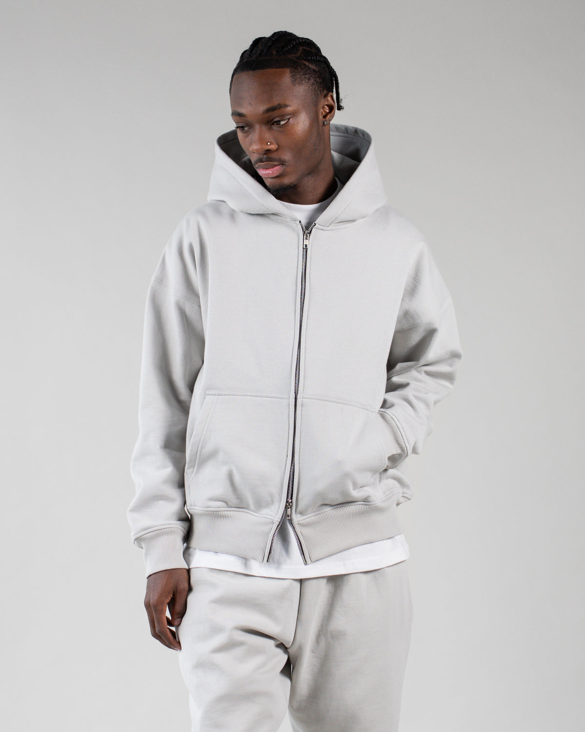 Drop Shoulder Zip Hoodie - Stone