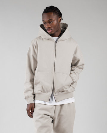 Drop Shoulder Zip Hoodie - Oatmeal
