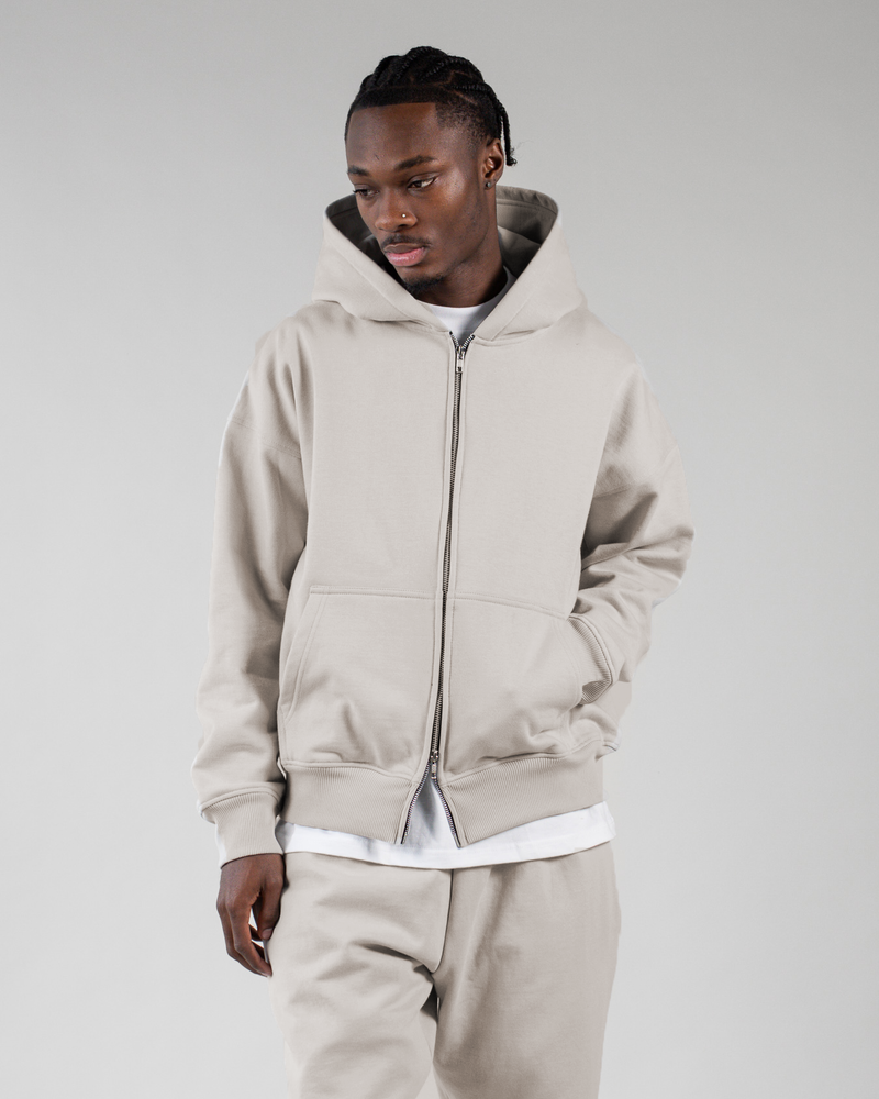 Drop Shoulder Zip Hoodie - Oatmeal