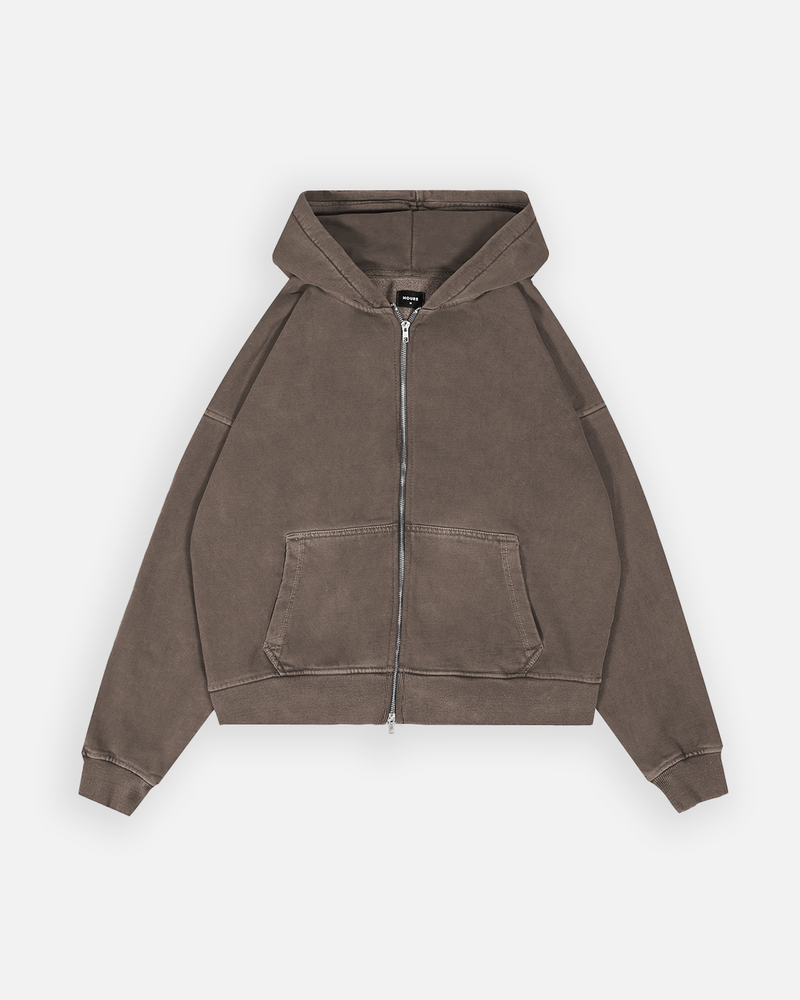 Drop Shoulder Zip Hoodie - Vintage Brown